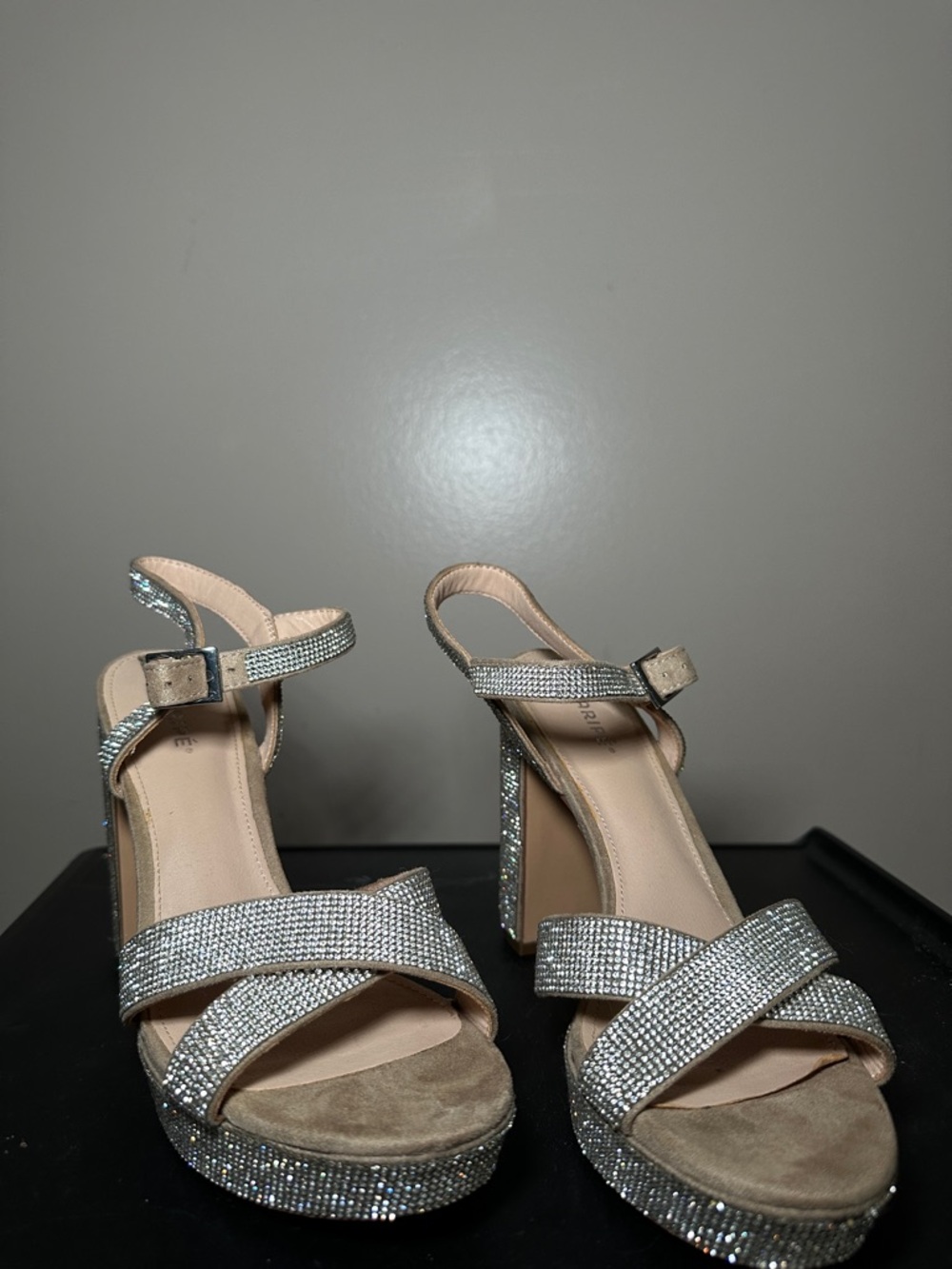 Maripe Silver Crystal Platform Block Heel Sandals